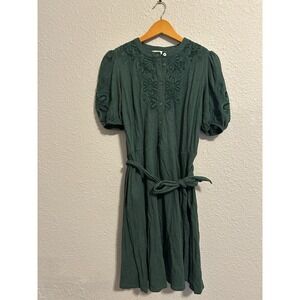 Boden Cotton Knit Lace Dress Size 6 Puff Sleeve Green Tie Belt Detail USA V Neck